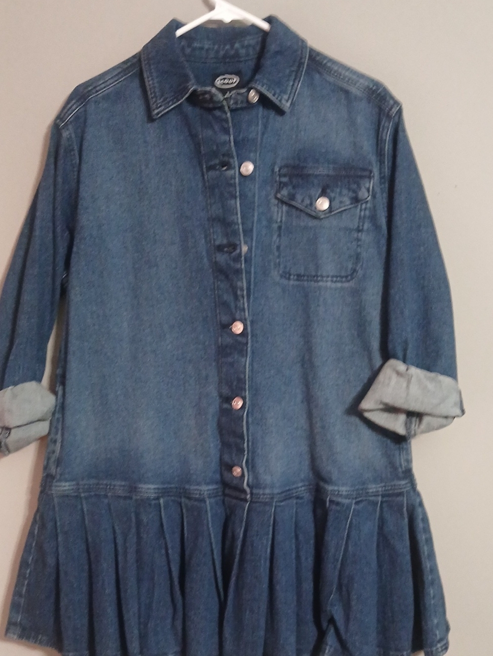 Denim Button-Front Pleated Hem Dress - Blue